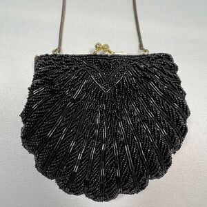 Black Beaded Evening Bag Dressy Purse Chain Strap Lined Kiss Lock Prom Formal